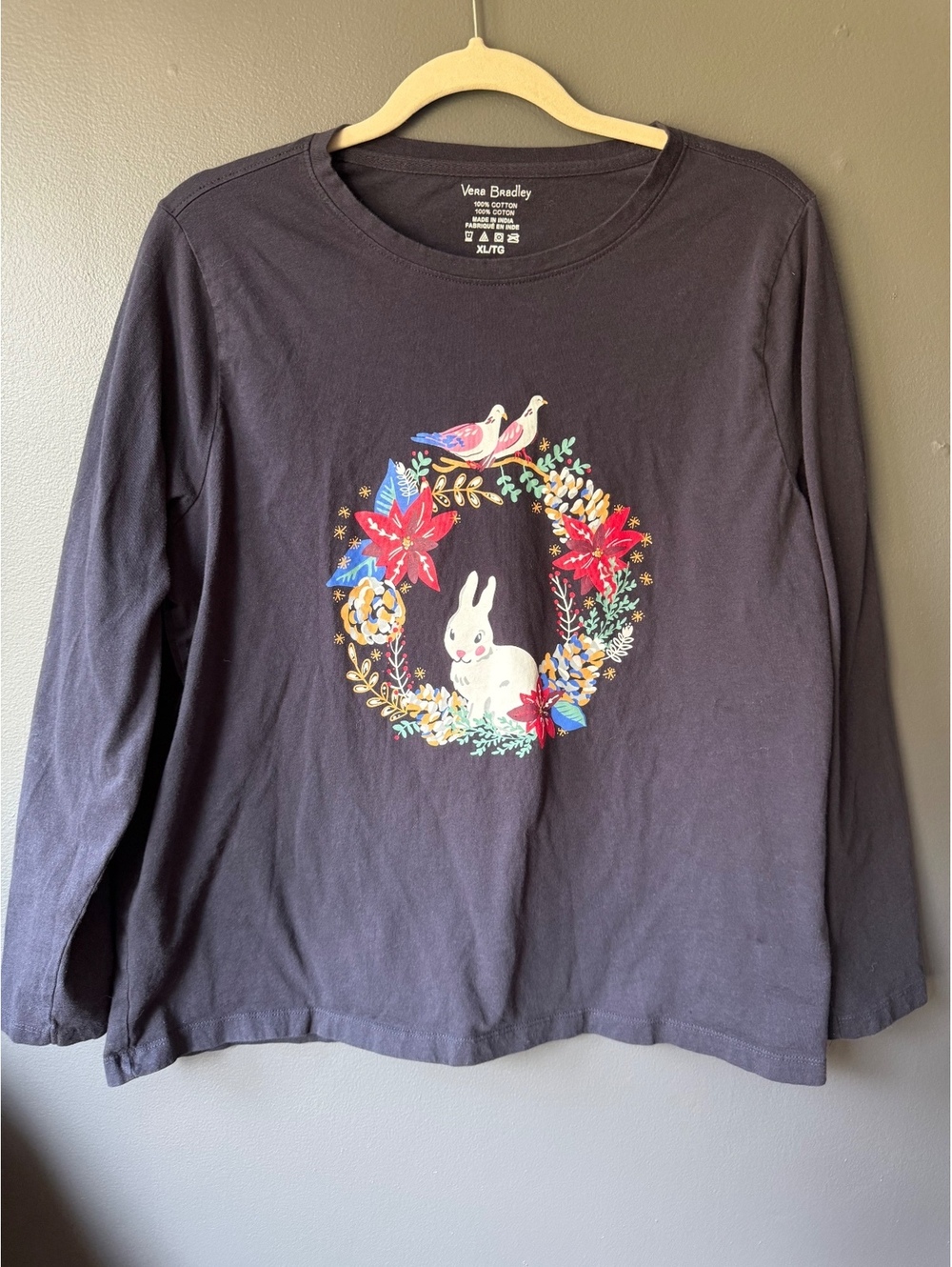 Vera Bradley Women's Long Sleeve Cotton Tee with Bunny and Floral Wreath Design,